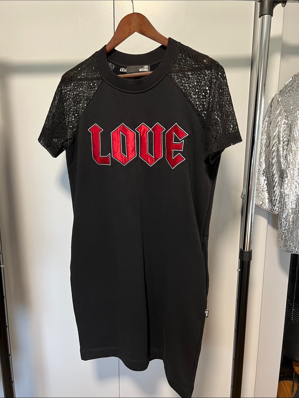 Love Moschino Black Dress with Red LOVE Graphic and Sequin Sleeves